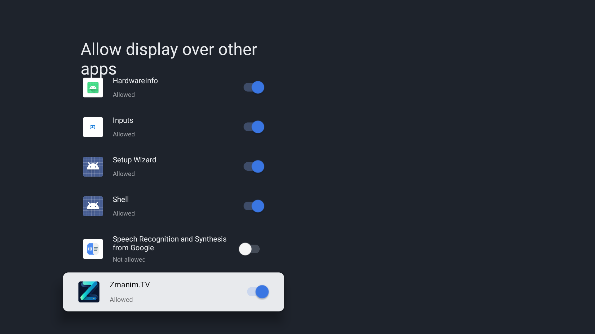 Android TV Display over other apps settings showing Zmanim.TV allowed